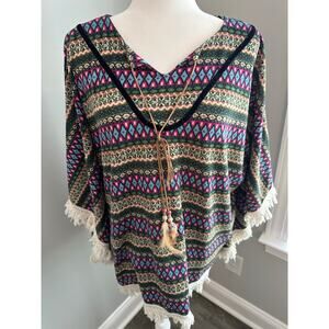 Earthbound Trading Poncho Colorful Fringe Lightweight Southwestern Boho Festival